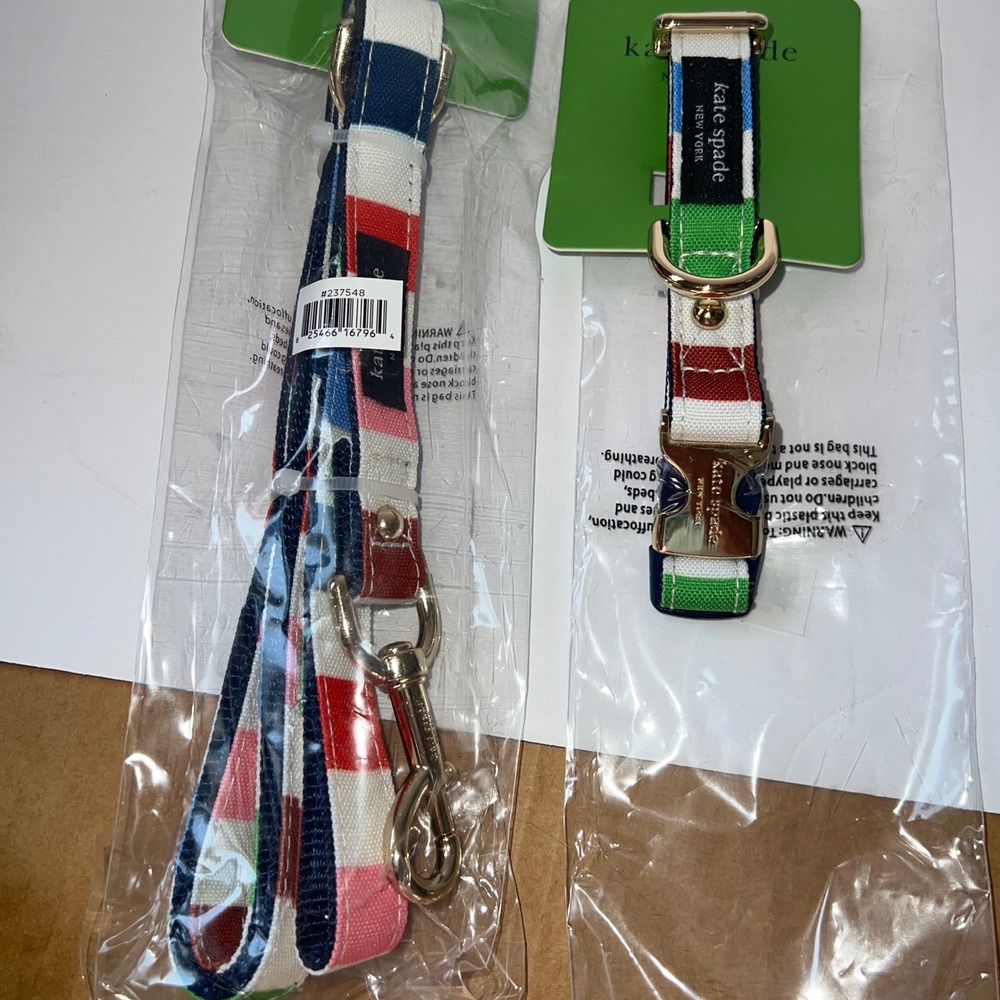 Kate Spade Adventure Stripe Dog Collar & Leash Set NEW Multicolor Gold Hardware - Picture 2 of 7